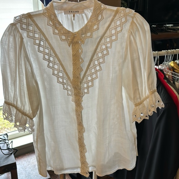 Frame Denim Tops - FRAME embroidered high neck top white ramie size xs short sleeve blouse